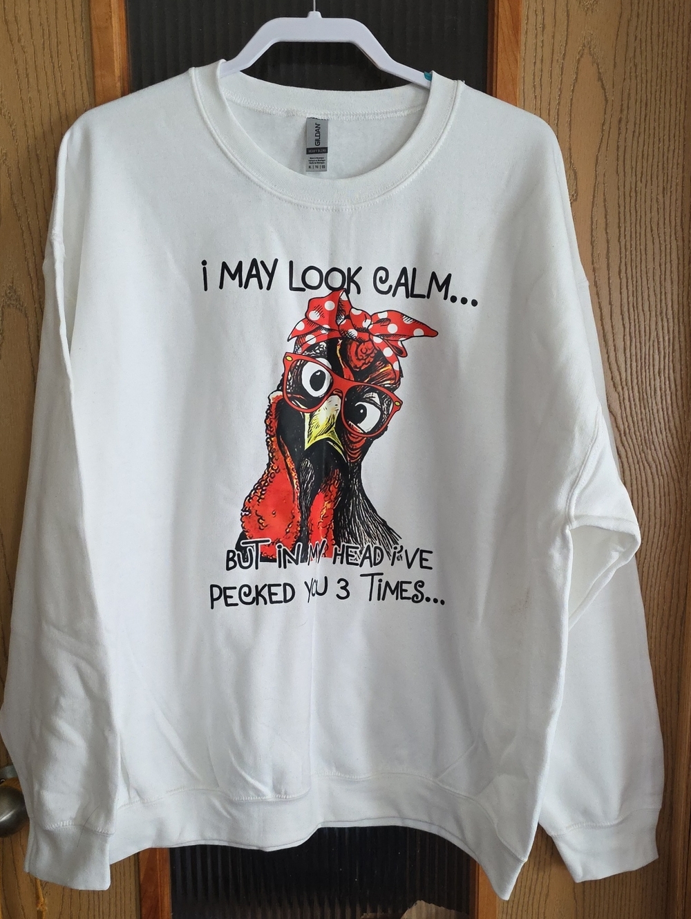 Gildan White Sweatshirt with Red & Yellow Rooster Graphic